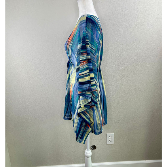Blue Multicolor Sheer Mesh Cinched Waist V-Neck Oversize Cover-Up Plus 2X/3X NWT - Picture 9 of 15